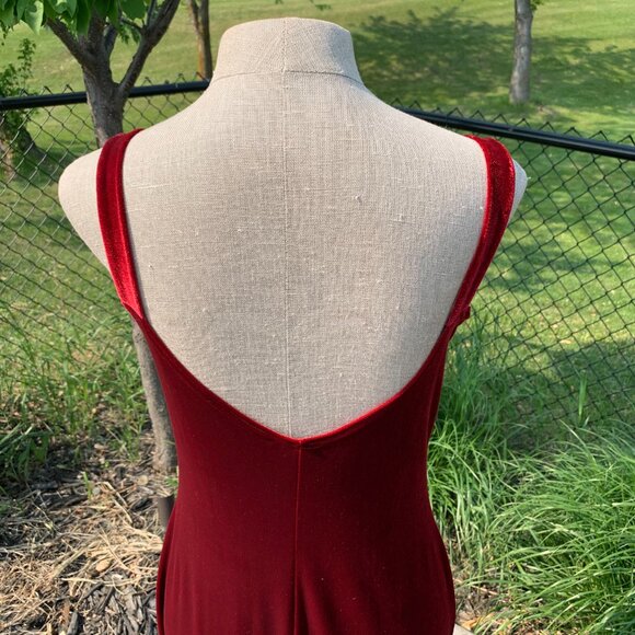 Vintage 90s Red Velvet Maxi Slip Dress Square Neck Glitter Side Slit Long Gown - Picture 10 of 16
